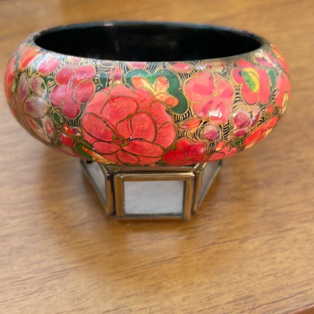 Vintage 1970s Boho Floral Multicolor Hand-painted Wooden Bangle Bracelet